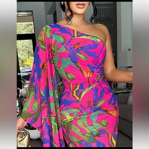 Multicolour One Shoulder Tropical Print Maxi Dress Size XXL - Picture 2 of 14